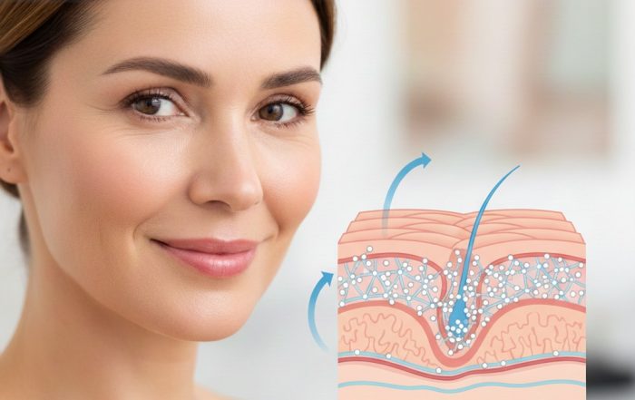 Mujer sonriendo con piel rejuvenecida y firme, junto a un diagrama que ilustra cómo el Radiesse estimula la bioestimulación de colágeno en las capas dérmicas